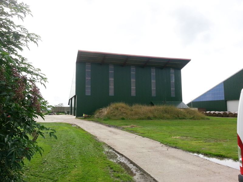 grüne hohe Lagerhalle mit langen Fenstern